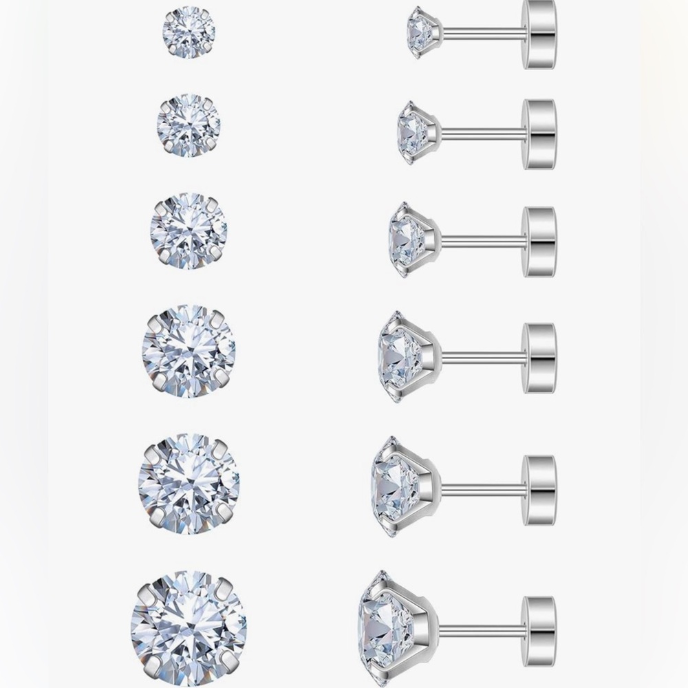 Monily - Elegant Silver Stud Flat Back Earrings Set - 6 Pairs